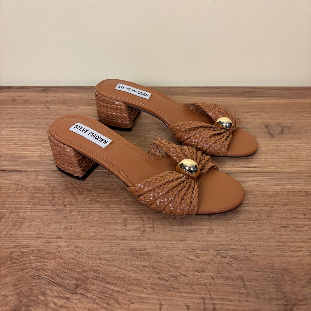 STEVE MADDEN Melodee Woven Slide Sandal Natural Tan Women Size 7 Block Heel